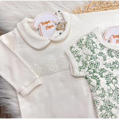 Conj. de Malha 3 peças - Ursa Bebê - Off White e Verde